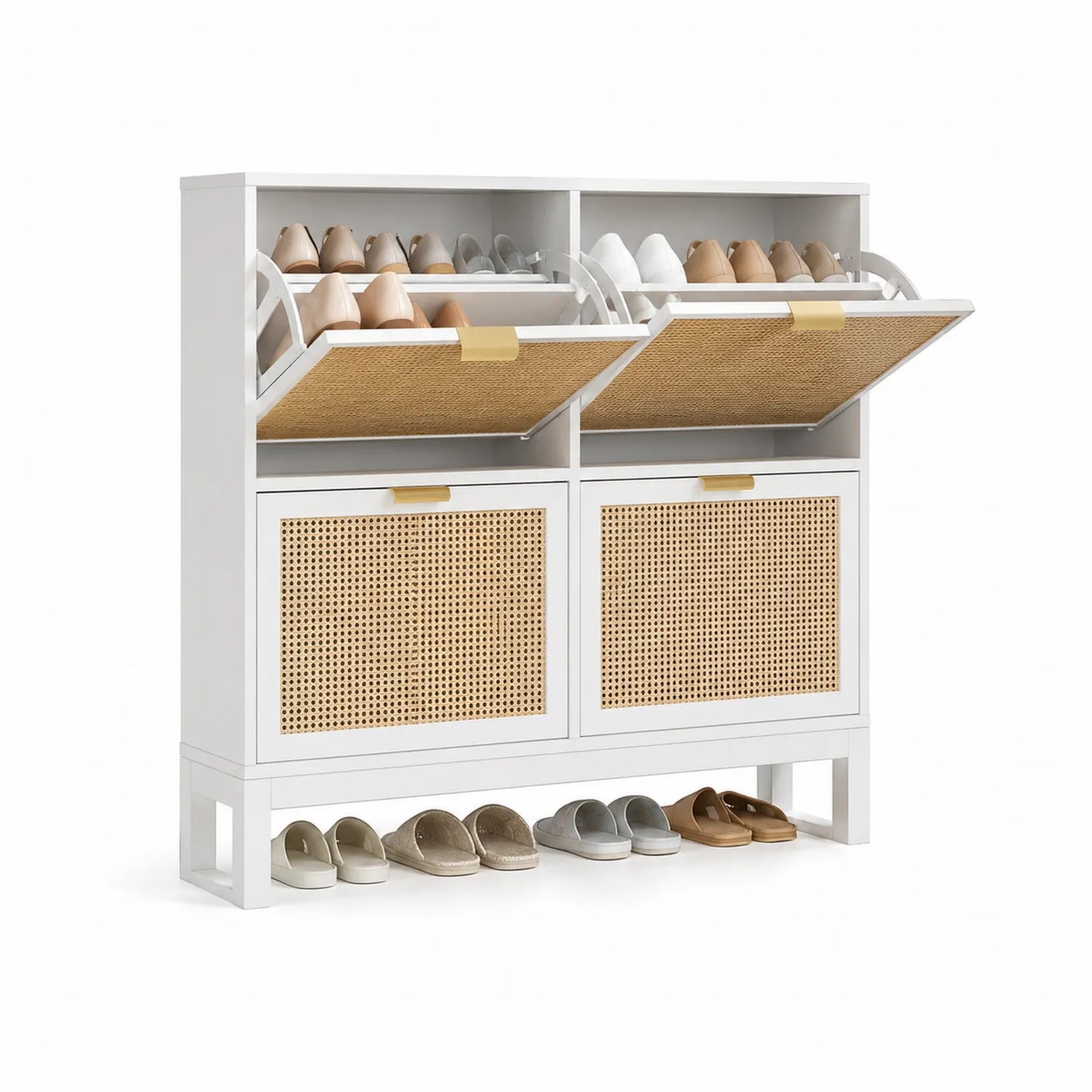 Schuhschrank Holz Weiß mit Rattanpaneelen 4 Klapptüren