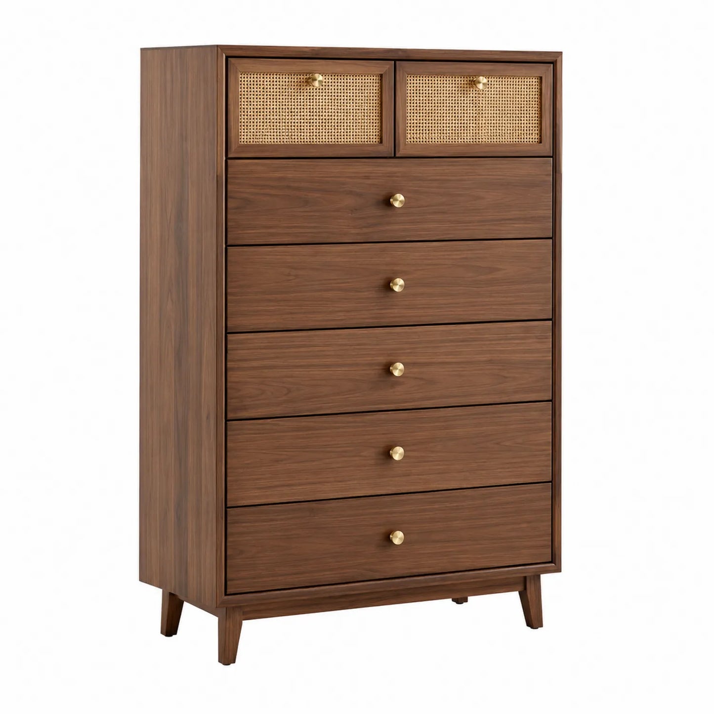 Holzschrank mit 7 Schubladen und Rattanfront Braun