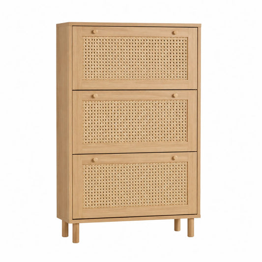 Schuhschrank aus Holz und Rattan mit 3 Fächern Natur
