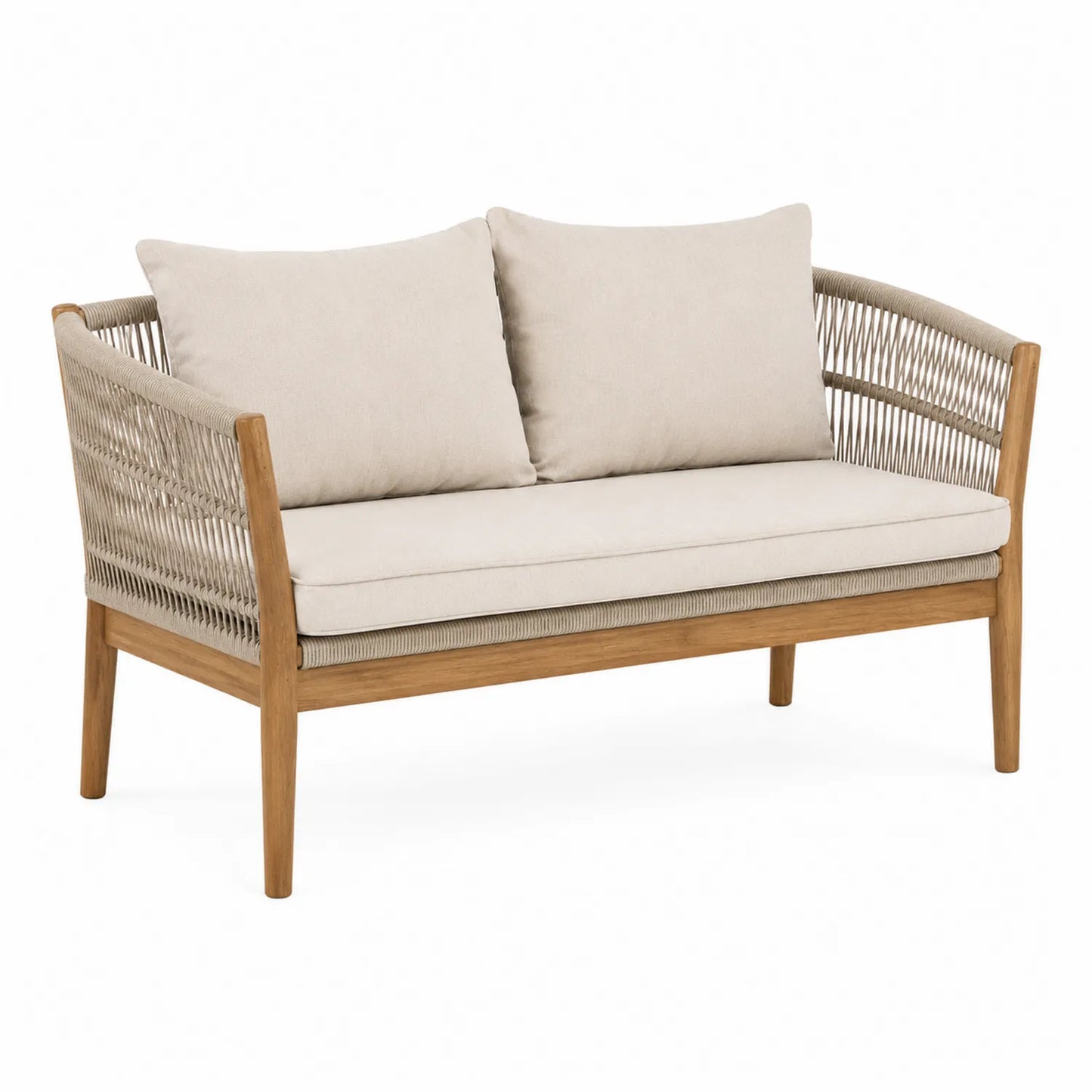 Gartensofa aus Teakholz mit Polyesterseil und abnehmbaren Kissen Beige