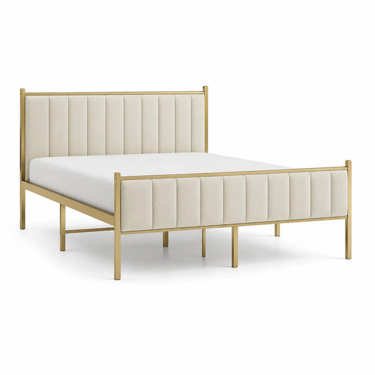 Metallbett mit gepolstertem Kopf- und Fußteil, 160x200 cm, Beige/Gold