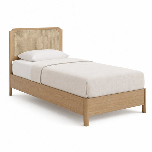 Einzelbett aus Eichenholz mit Rattan-Kopfteil 100x200 cm