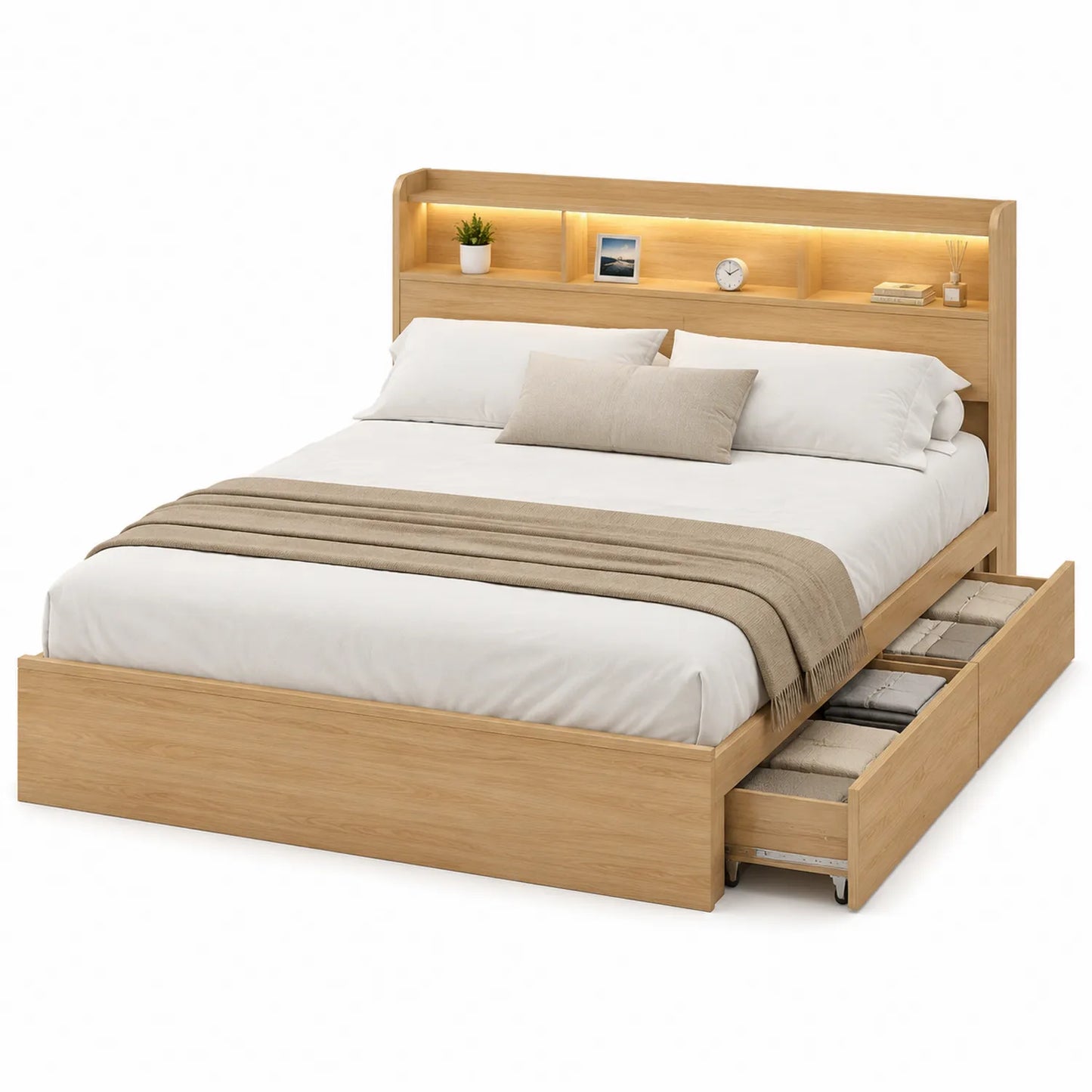 Doppelbett aus Eichenholz mit Stauraum und LED 200x160 cm