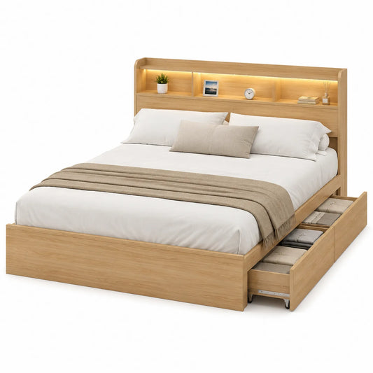 Doppelbett aus Eichenholz mit Stauraum und LED 200x160 cm
