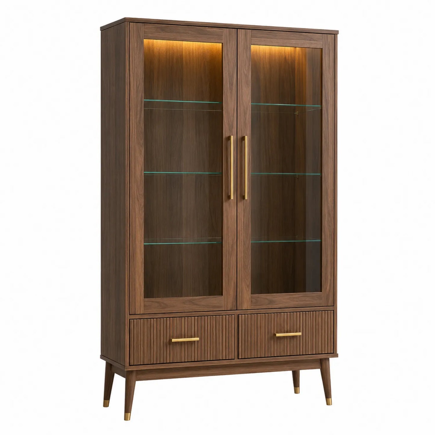Vitrinenschrank aus Walnussholz mit Glastüren und LED