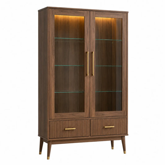 Vitrinenschrank aus Walnussholz mit Glastüren und LED