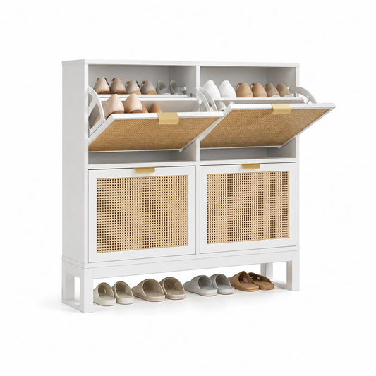 Schuhschrank Holz Weiß mit Rattanpaneelen 4 Klapptüren