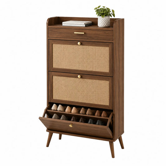 Schuhschrank Holz Naturgeflecht 4 Ebenen, Braun/Natur