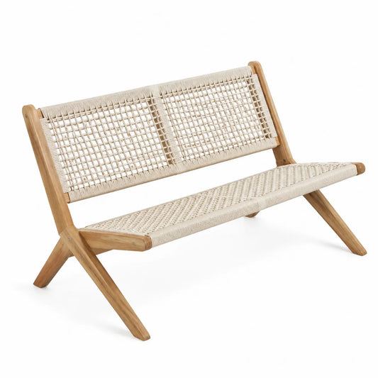 Sofa aus Teakholz und Rattangeflecht Beige